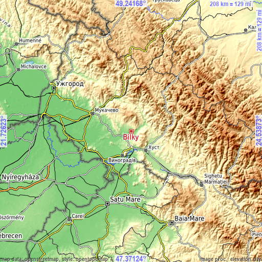 Topographic map of Bilky