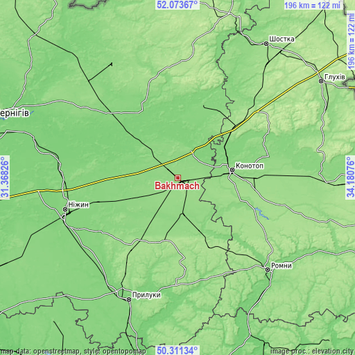 Topographic map of Bakhmach