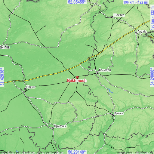 Topographic map of Bakhmach