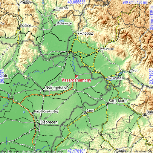 Topographic map of Vásárosnamény