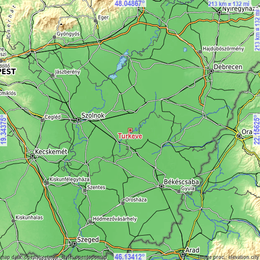 Topographic map of Túrkeve