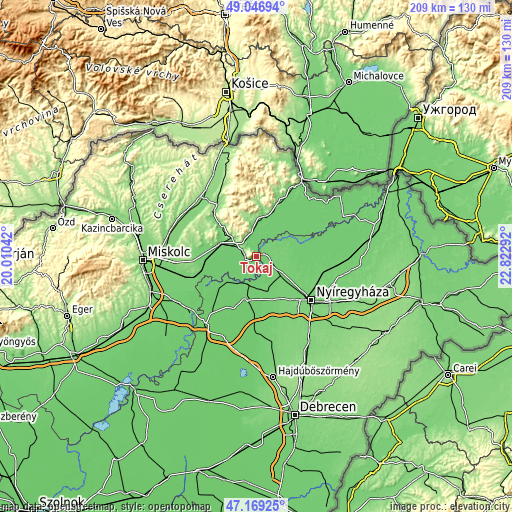 Topographic map of Tokaj
