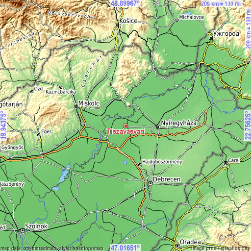 Topographic map of Tiszavasvári