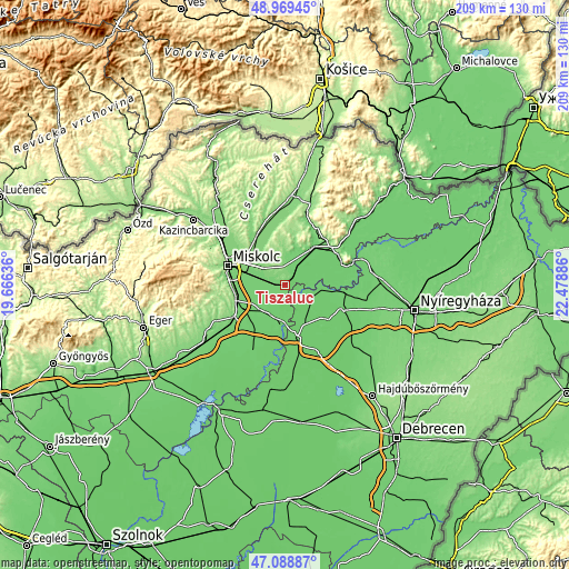 Topographic map of Tiszalúc