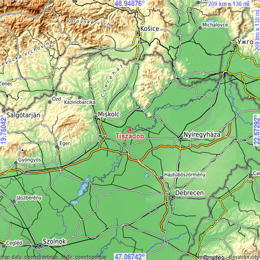 Topographic map of Tiszadob
