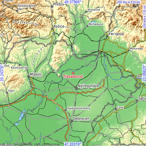 Topographic map of Tiszabercel