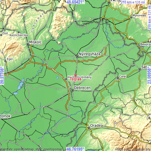 Topographic map of Téglás