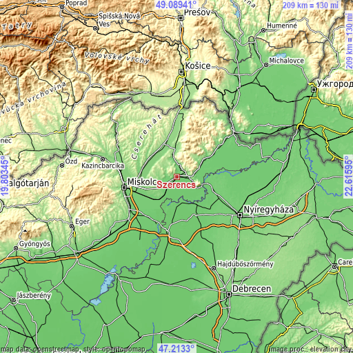 Topographic map of Szerencs