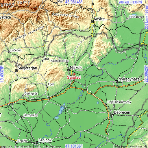 Topographic map of Sajólád