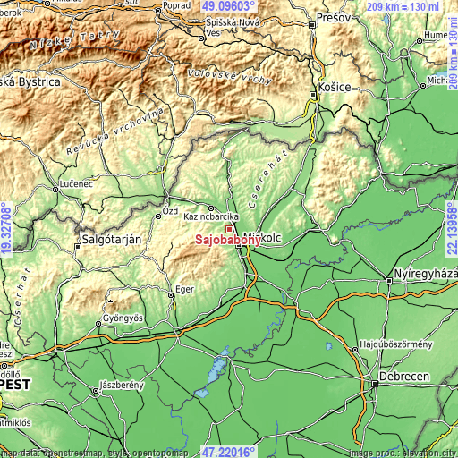 Topographic map of Sajóbábony