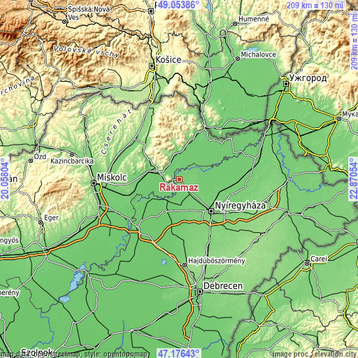 Topographic map of Rakamaz