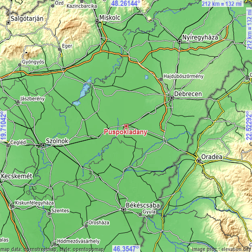 Topographic map of Püspökladány