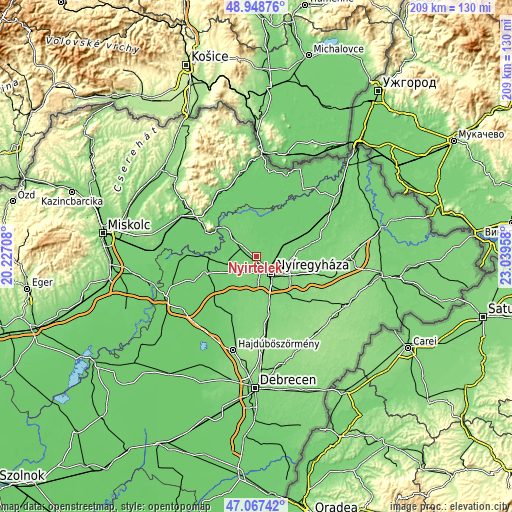Topographic map of Nyírtelek
