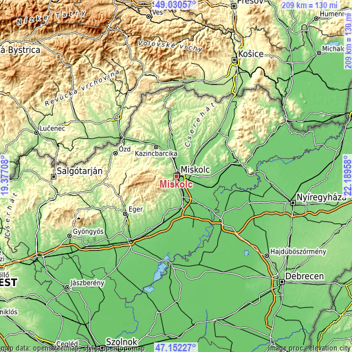 Topographic map of Miskolc