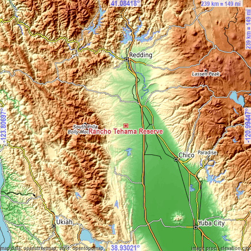 Topographic map of Rancho Tehama Reserve