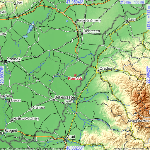 Topographic map of Komádi