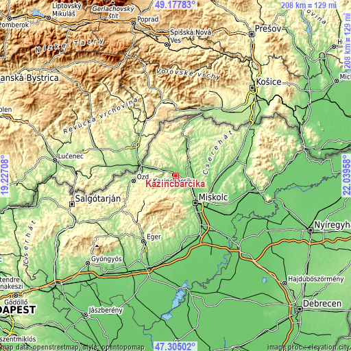 Topographic map of Kazincbarcika