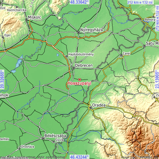 Topographic map of Hosszúpályi