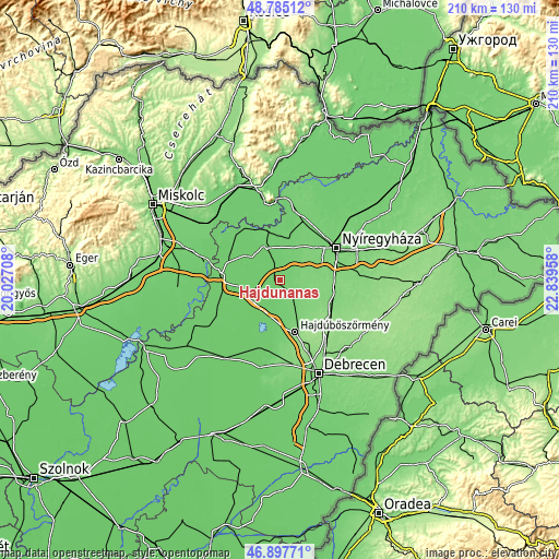 Topographic map of Hajdúnánás