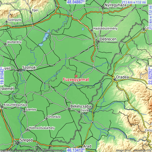 Topographic map of Füzesgyarmat