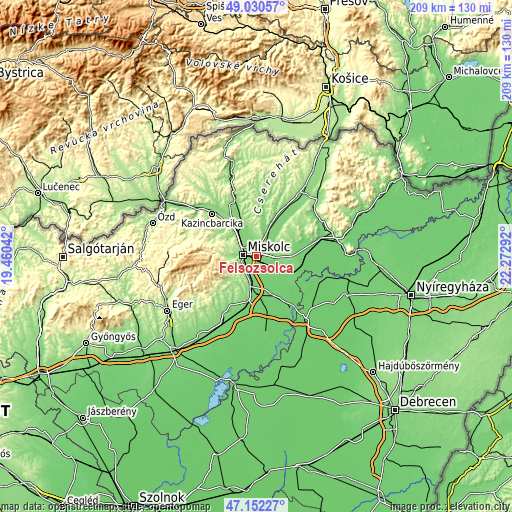 Topographic map of Felsőzsolca