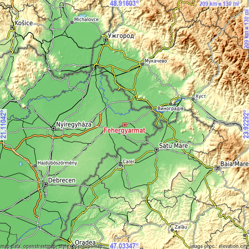 Topographic map of Fehérgyarmat