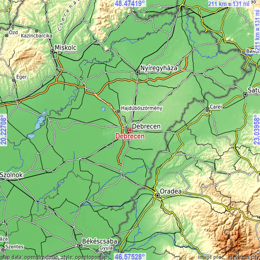 Topographic map of Debrecen