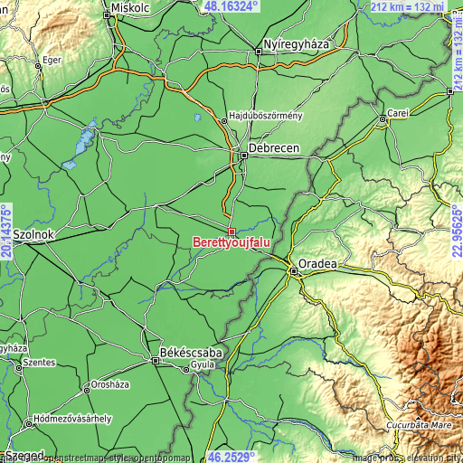 Topographic map of Berettyóújfalu