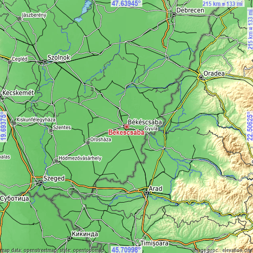 Topographic map of Békéscsaba