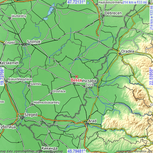 Topographic map of Békés