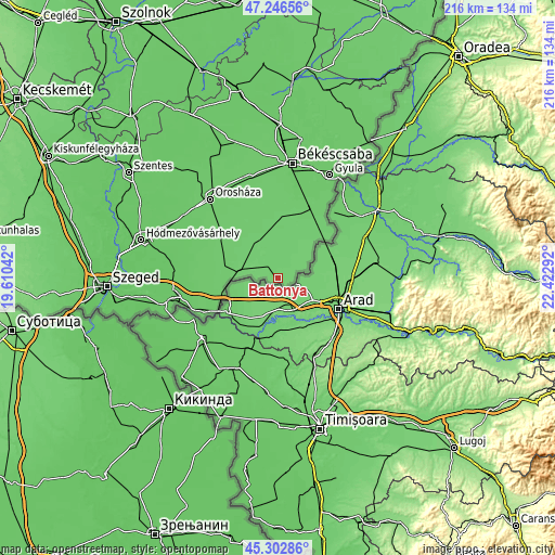 Topographic map of Battonya