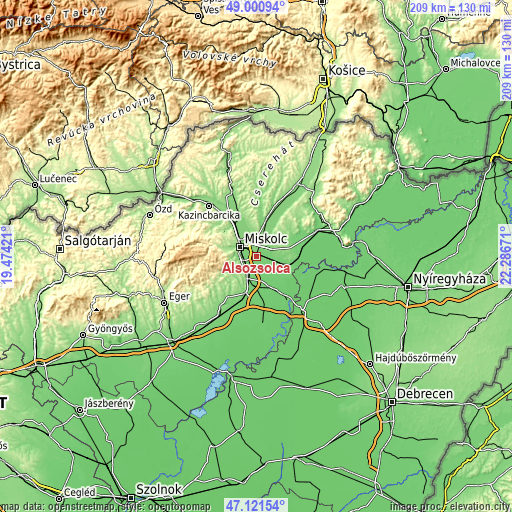 Topographic map of Alsózsolca