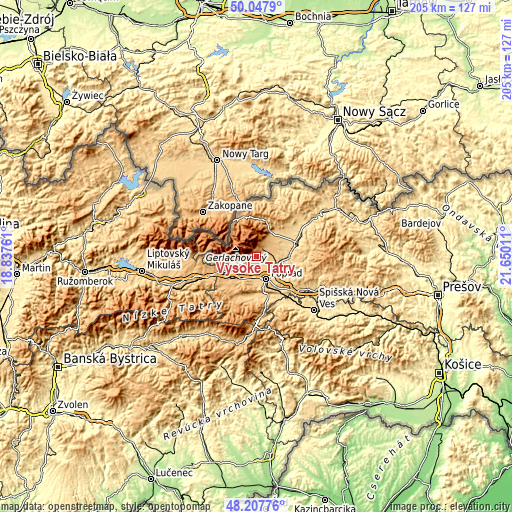 Topographic map of Vysoké Tatry