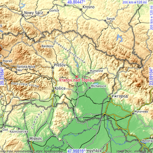 Topographic map of Vranov nad Topľou