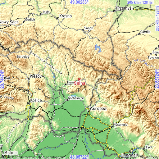 Topographic map of Snina