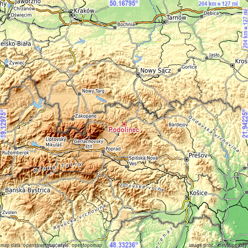 Topographic map of Podolínec