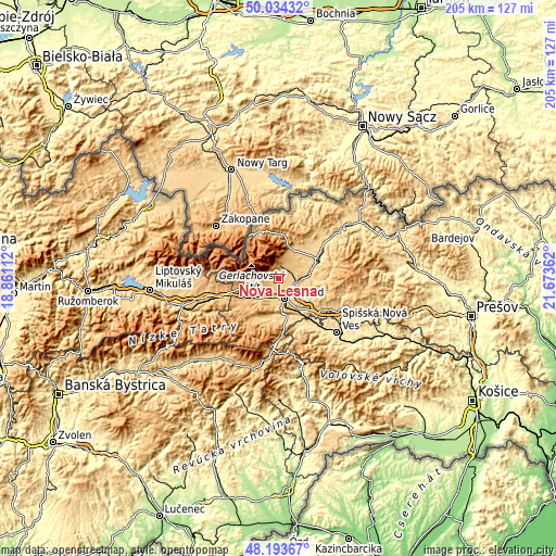 Topographic map of Nová Lesná