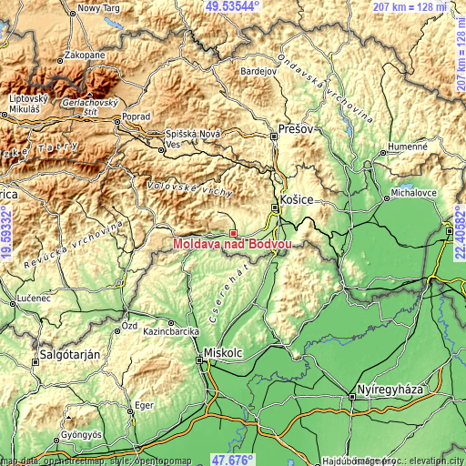 Topographic map of Moldava nad Bodvou