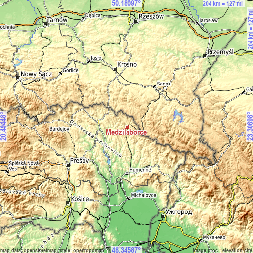Topographic map of Medzilaborce