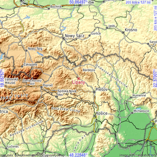 Topographic map of Lipany