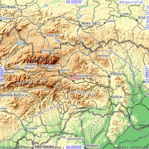 Topographic map of Levoča
