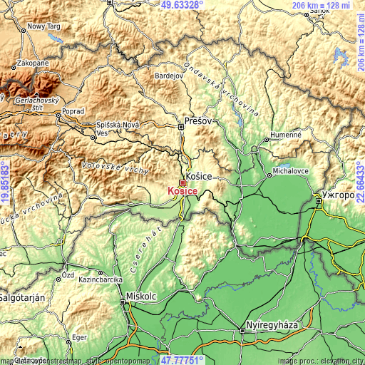 Topographic map of Košice