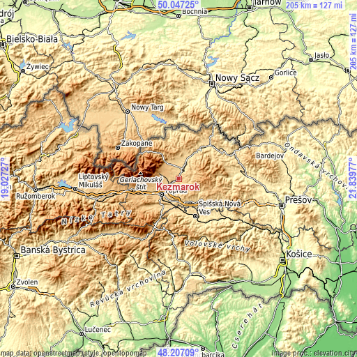 Topographic map of Kežmarok