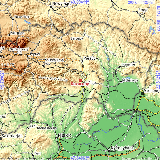 Topographic map of Kavečany