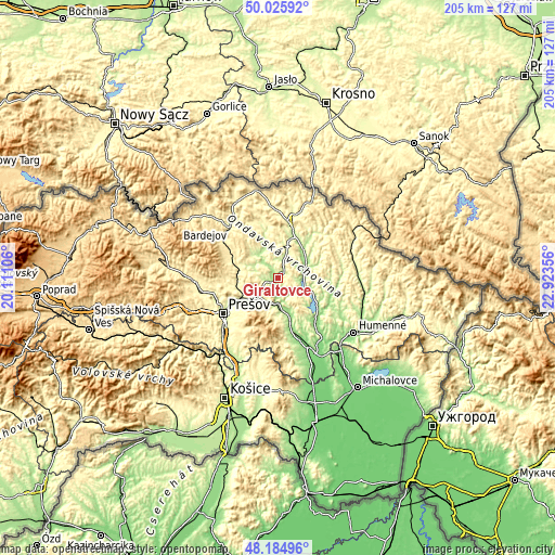 Topographic map of Giraltovce