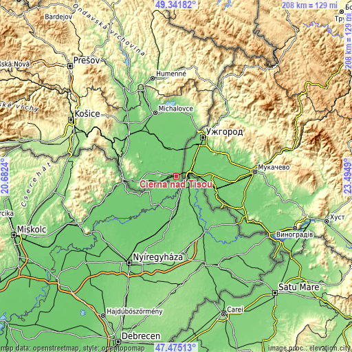 Topographic map of Čierna nad Tisou