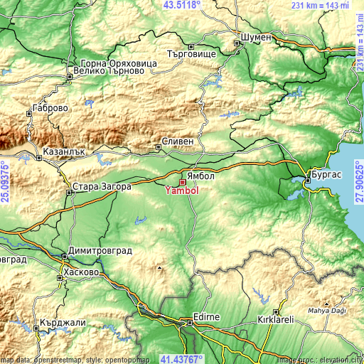 Topographic map of Yambol