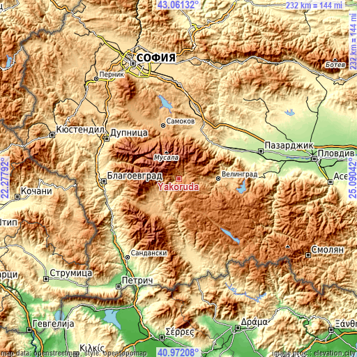 Topographic map of Yakoruda