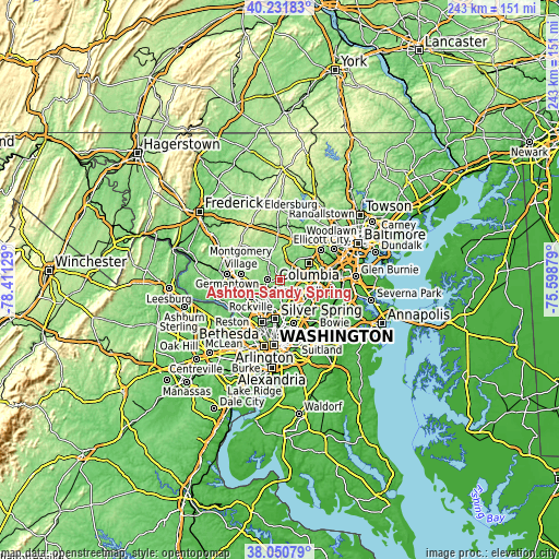 Topographic map of Ashton-Sandy Spring