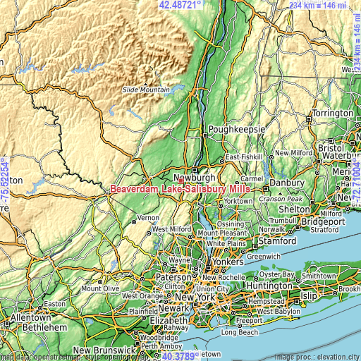 Topographic map of Beaverdam Lake-Salisbury Mills